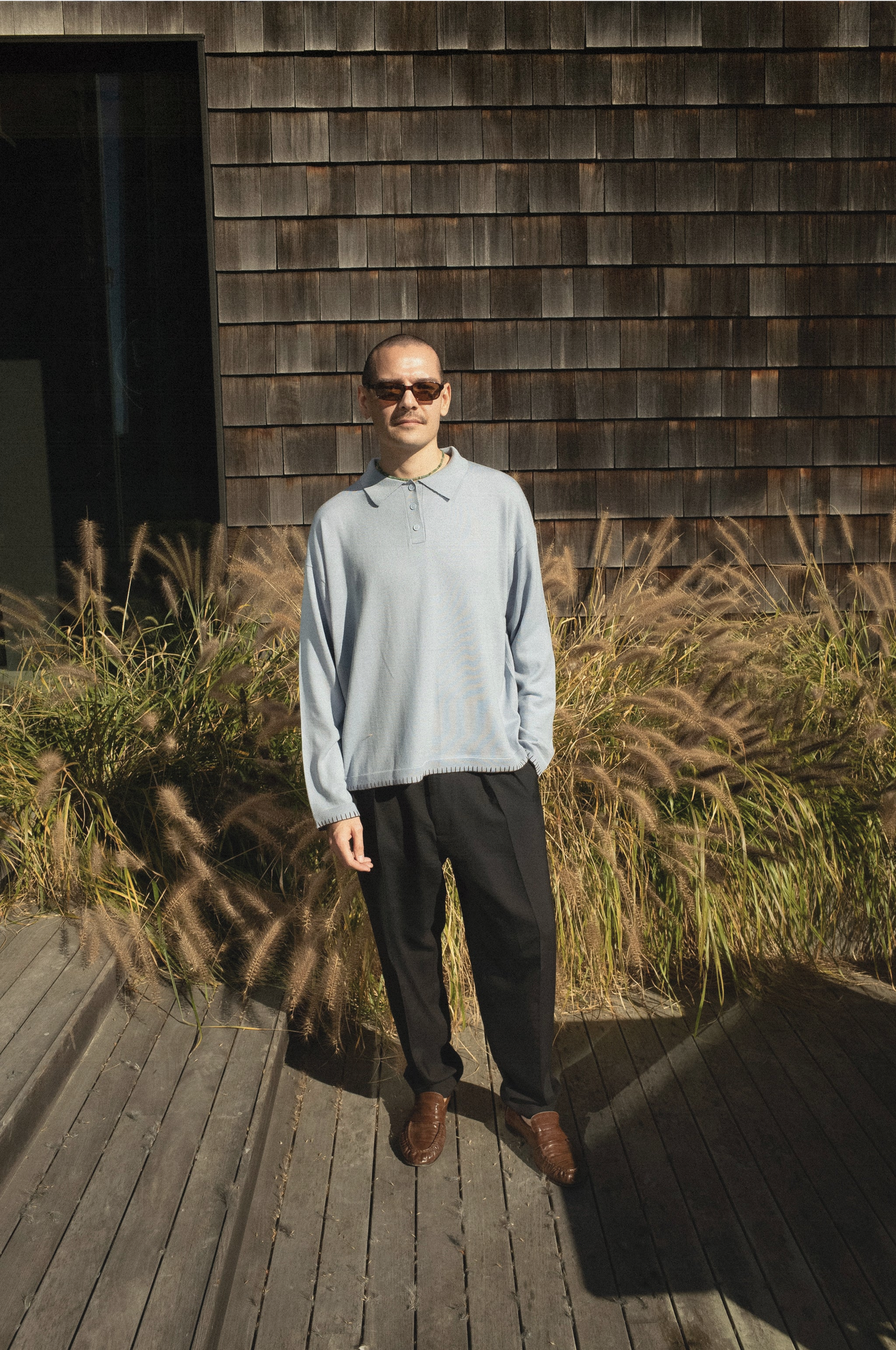 Oversized Polo with Blanket Stitch – Blue